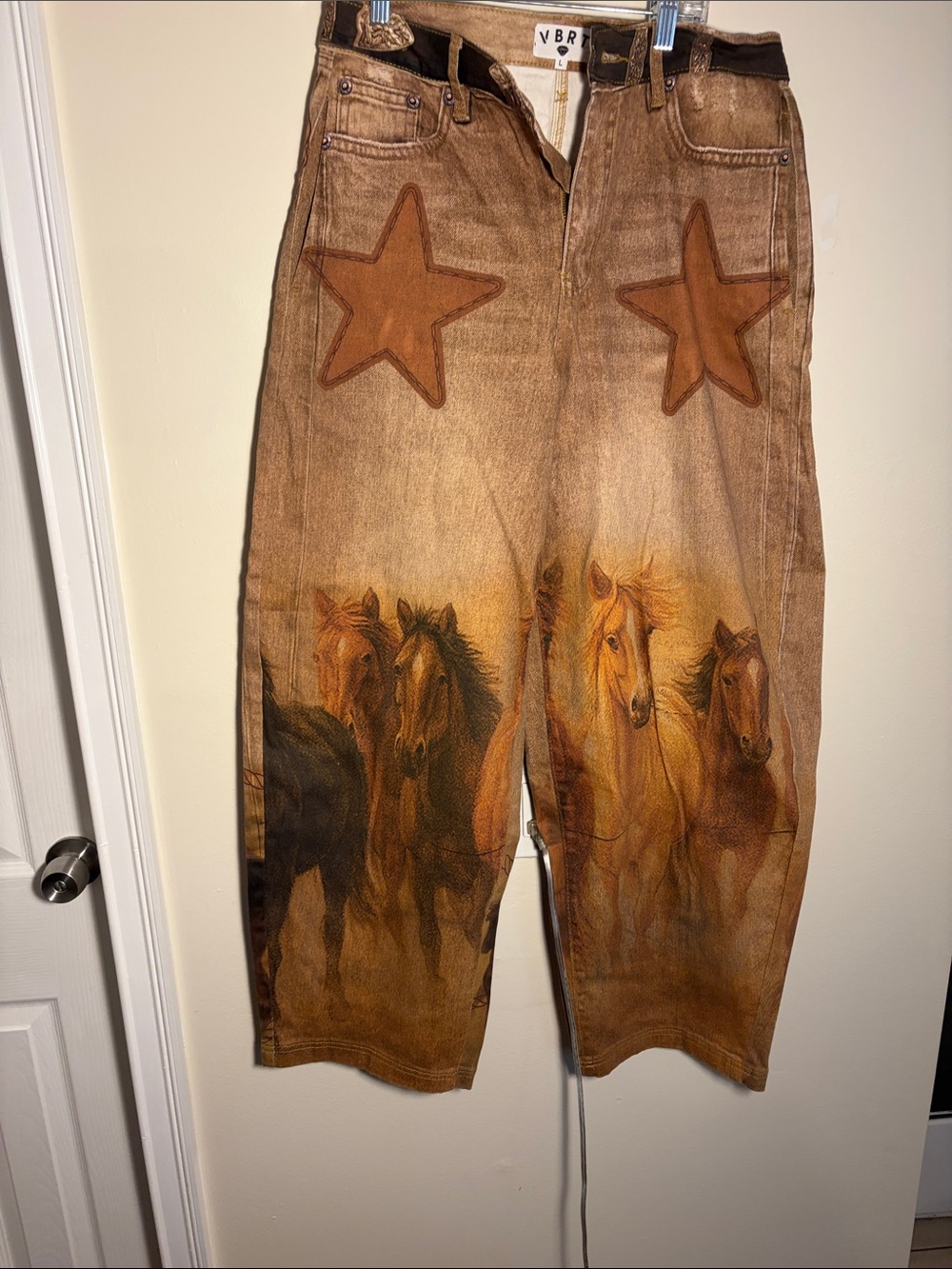 Banana Republic Brown Wide-Leg Jeans with Horse Print & Star Patches